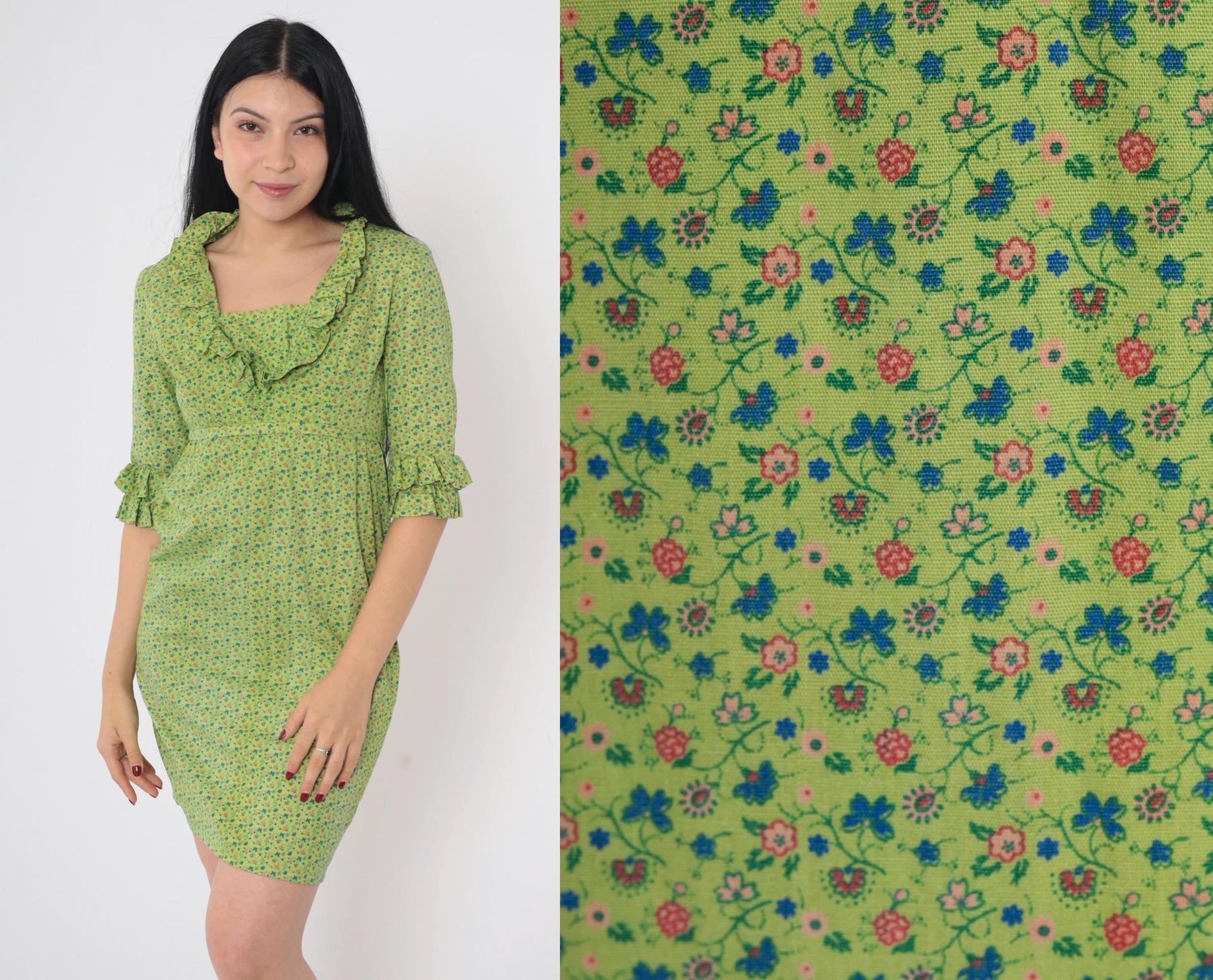 60s Mod Green Floral Calico Mini Shift Dress Empire Waist Ruffle Neckline Extra Small