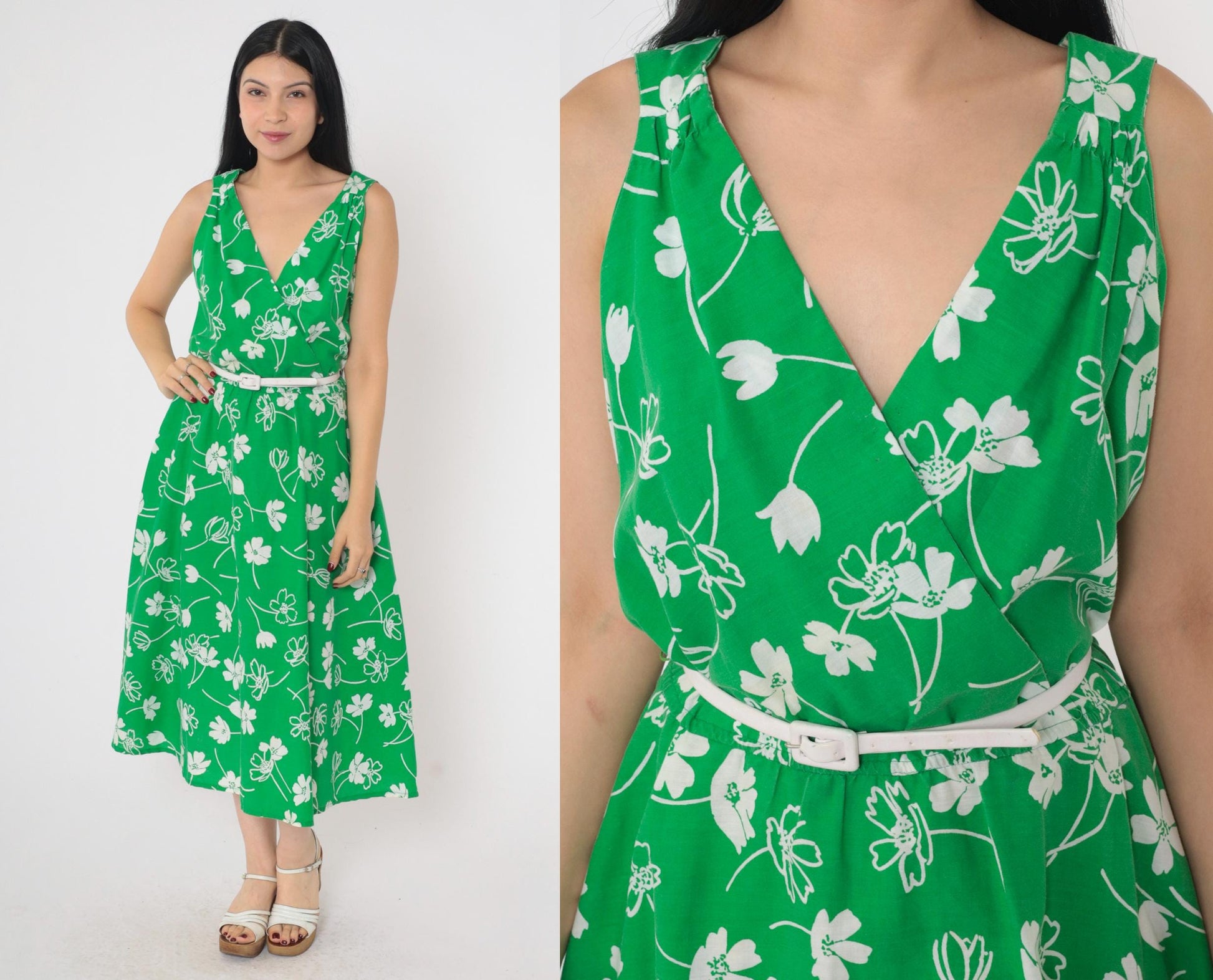 70s Green Floral Midi Wrap Dress Sleeveless High Waist White Belt Large