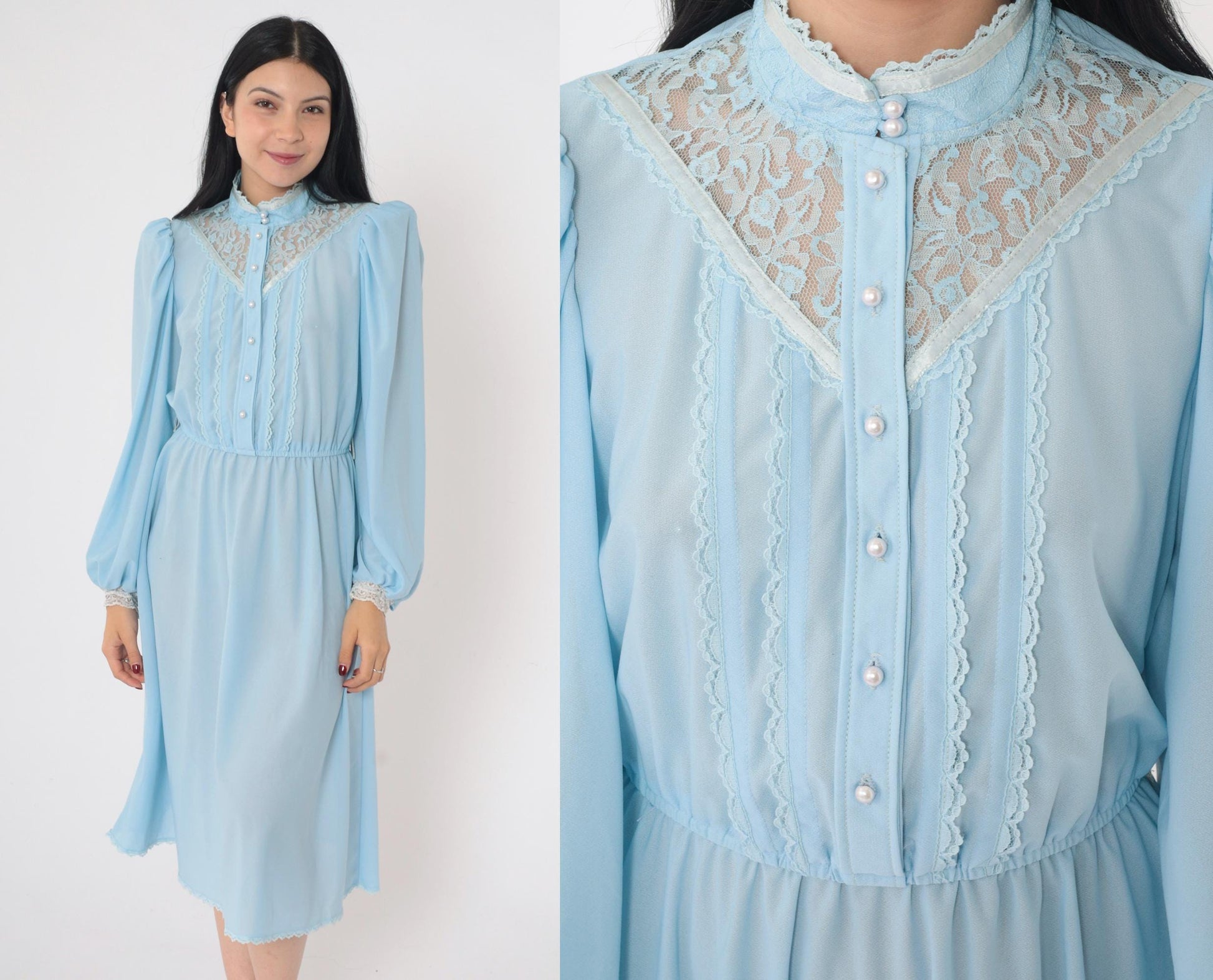 70s Baby Blue Midi Dress Pearl Button High Waist Puff Sleeve Lace Yoke Small