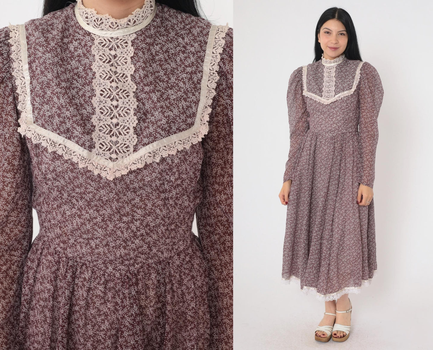 70s Gunne Sax Prairie Midi Dress Brown Floral Calico Lace Bib Puff Sleeve Extra Small