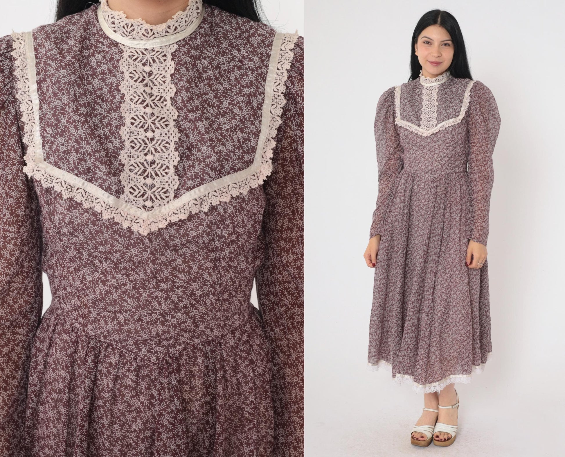70s Gunne Sax Prairie Midi Dress Brown Floral Calico Lace Bib Puff Sleeve Extra Small
