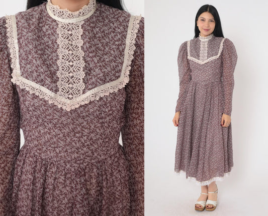 70s Gunne Sax Prairie Midi Dress Brown Floral Calico Lace Bib Puff Sleeve Extra Small