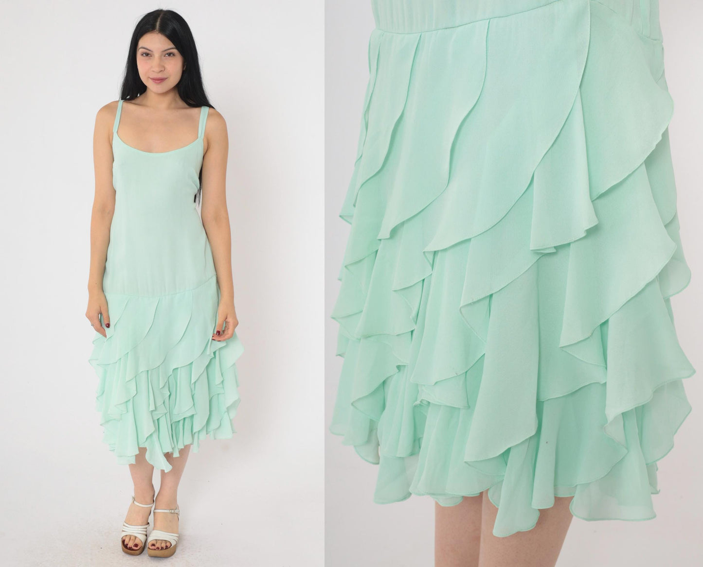 1970s Mint Green Midi Dress Spaghetti Straps Tiered Ruffle Hem Large