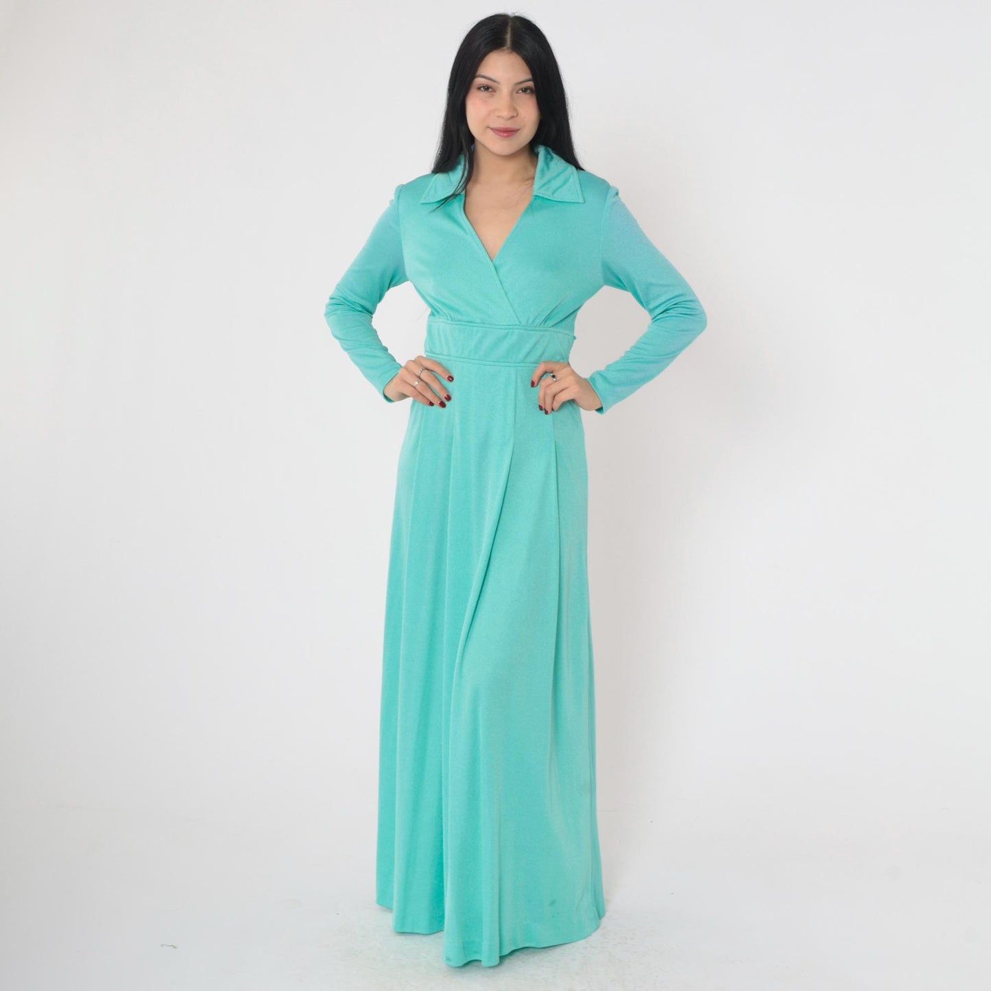 70s Turquoise Maxi Dress Plunge V-Neck Long Sleeve Belted Waist Small