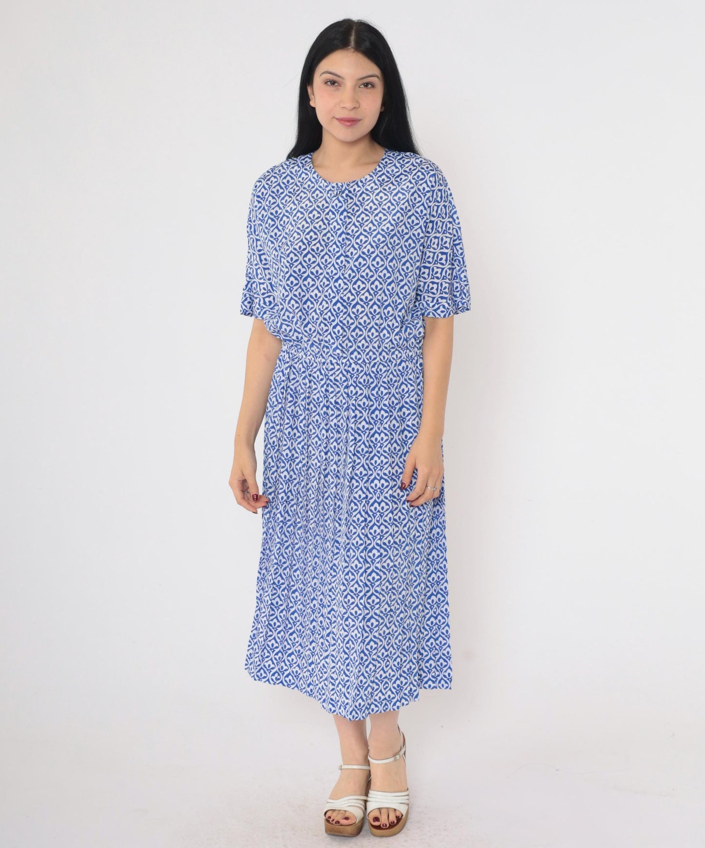90s Talbots Petites Button-Up Shirtdress Blue Geometric Pleated Midi Small