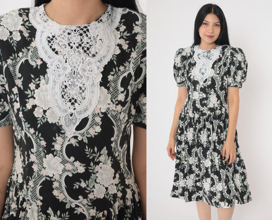 80s Gunne Sax Floral Lace Midi Dress Black White Puff Sleeve Basque Waist XS