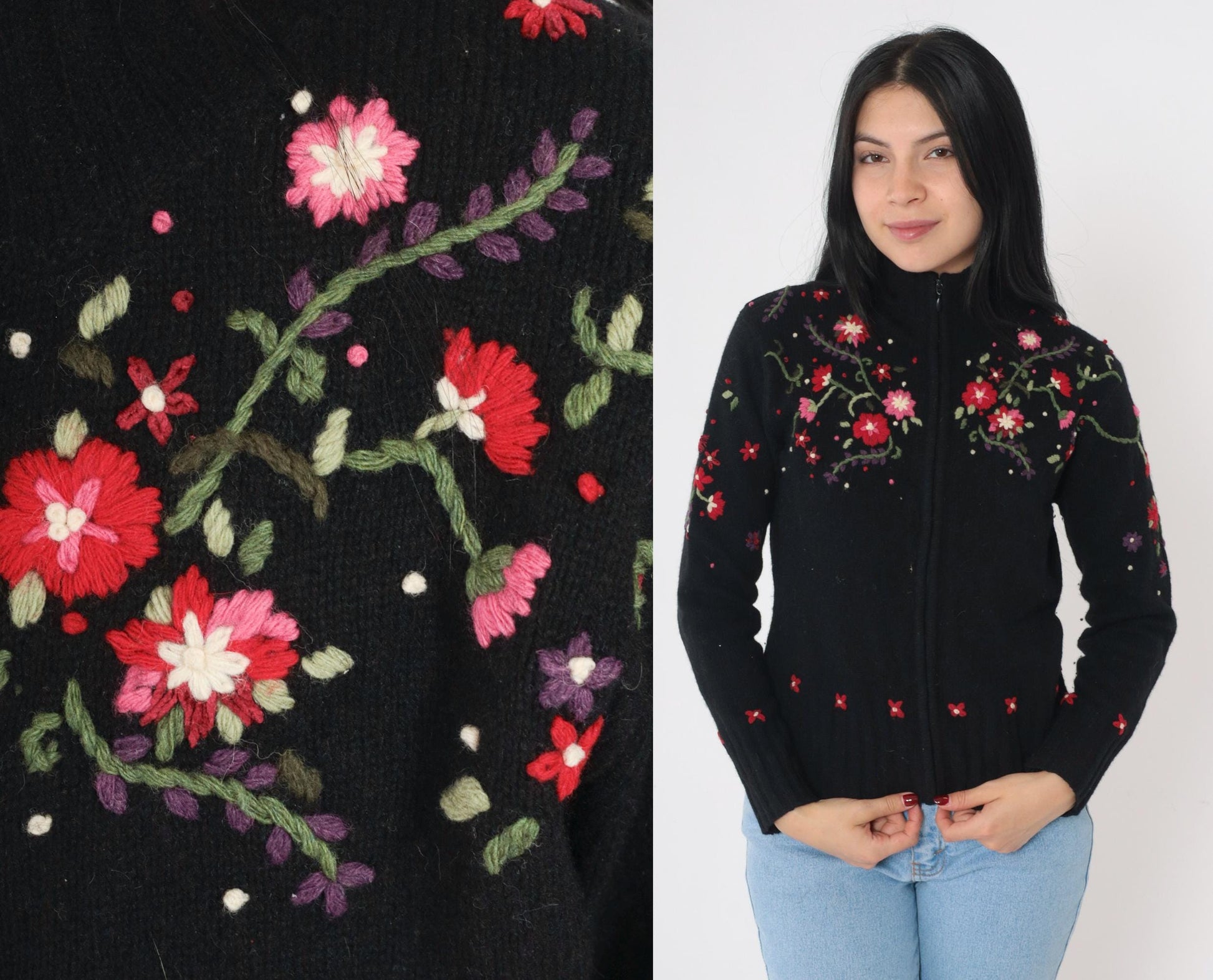 Y2K Talbots Floral Embroidered Cardigan Black Lambswool Mock Neck Zip Small