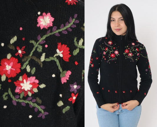 Y2K Talbots Floral Embroidered Cardigan Black Lambswool Mock Neck Zip Small