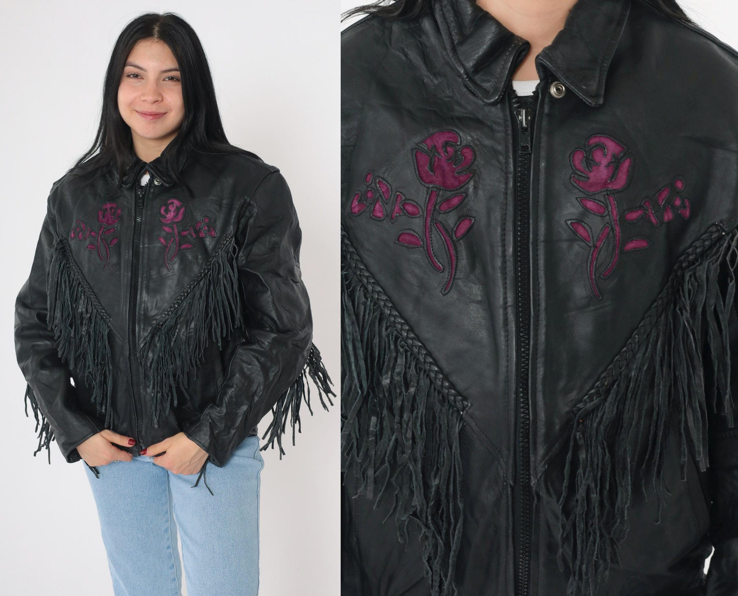 90s Black Leather Fringe Jacket Purple Suede Roses Western Biker Large L