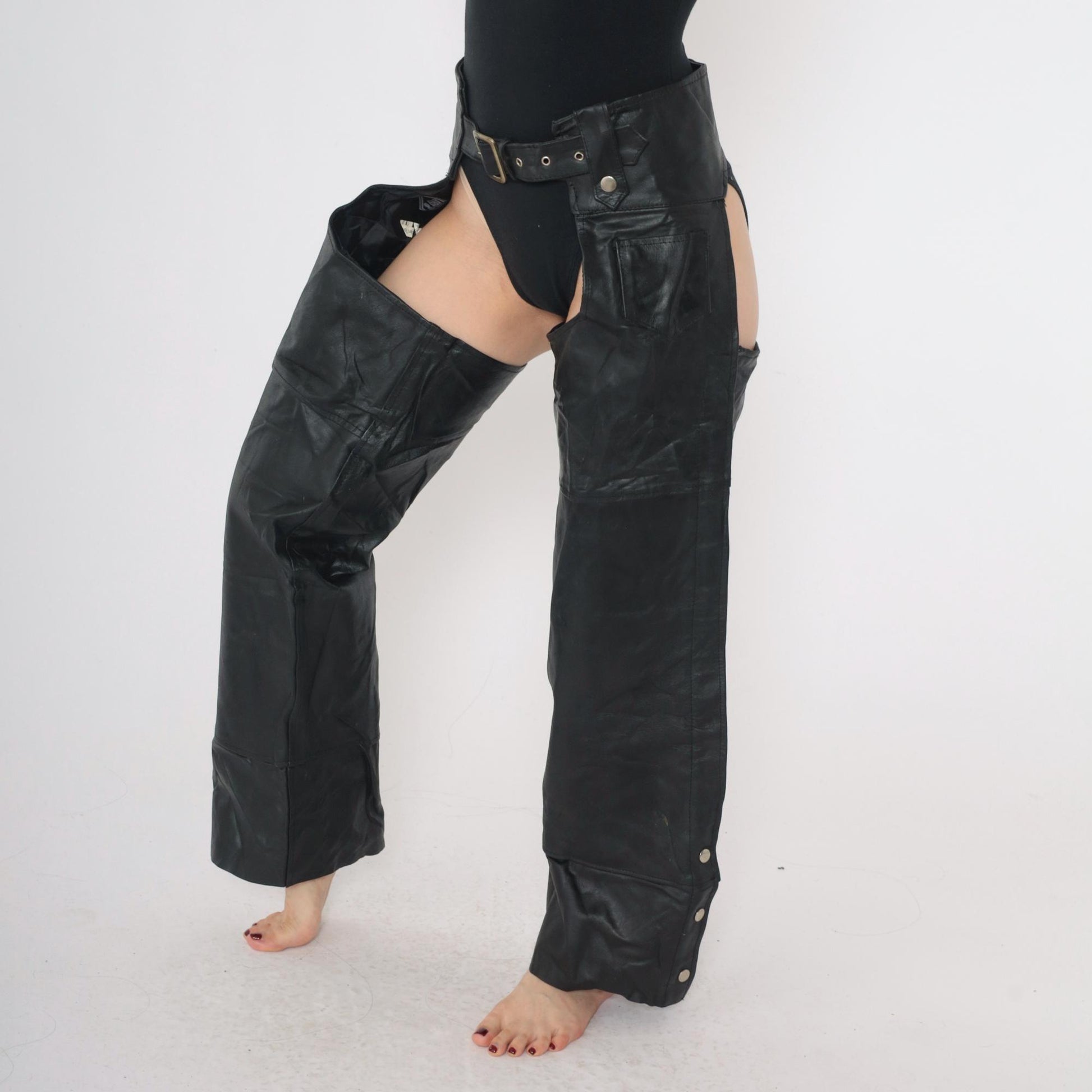 90s Black Leather Assless Chaps Motorcycle Buckle Zippers Small S