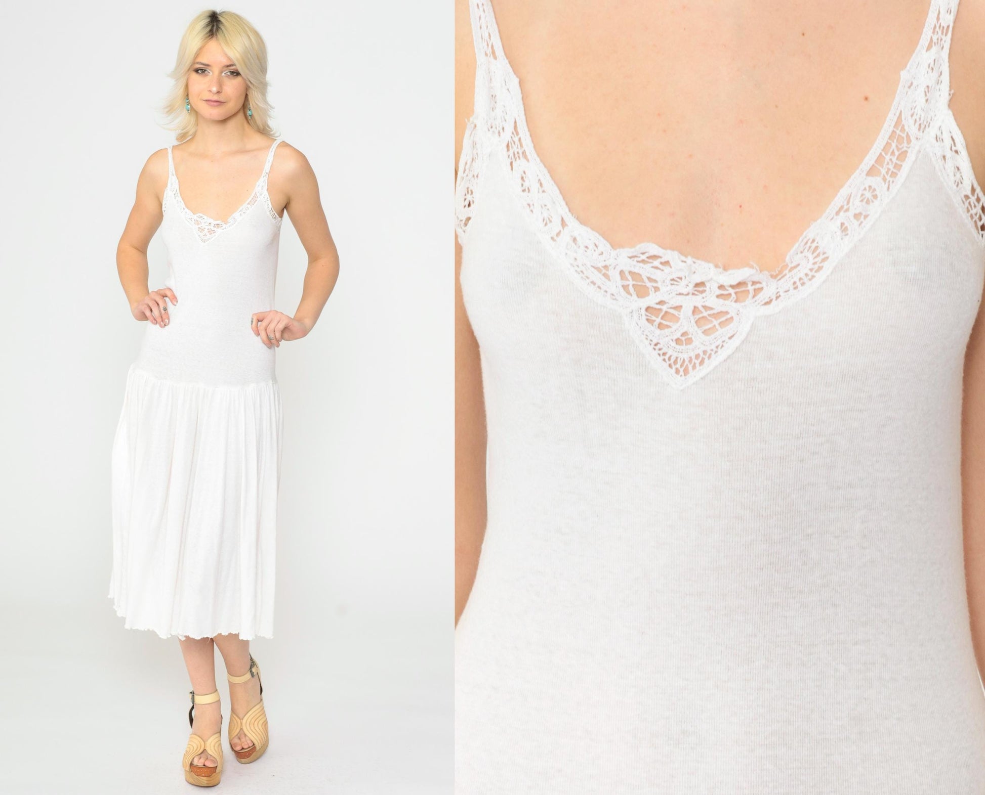 90s White Cotton Slip Dress Midi Lace Trim Spaghetti Strap Small