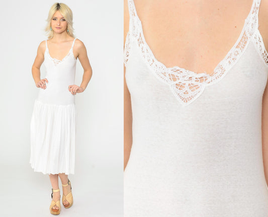 90s White Cotton Slip Dress Midi Lace Trim Spaghetti Strap Small