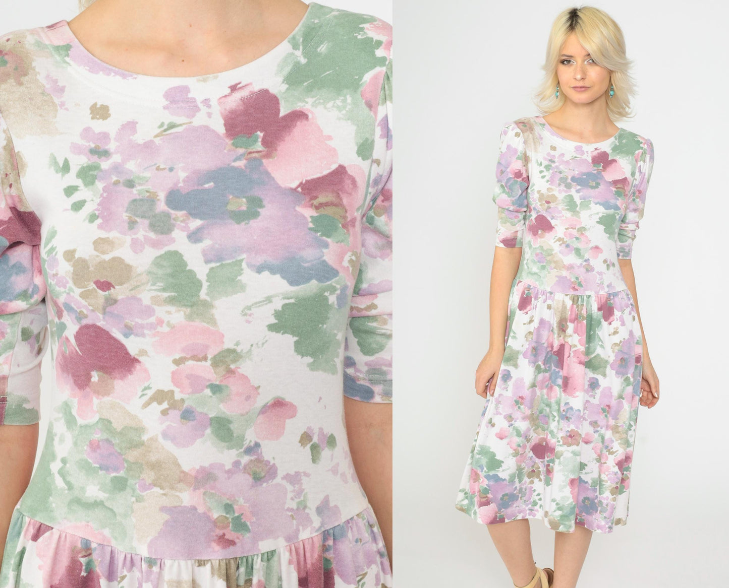 80s Floral Midi Dress Puff Sleeve Drop Waist Watercolor Print White Small