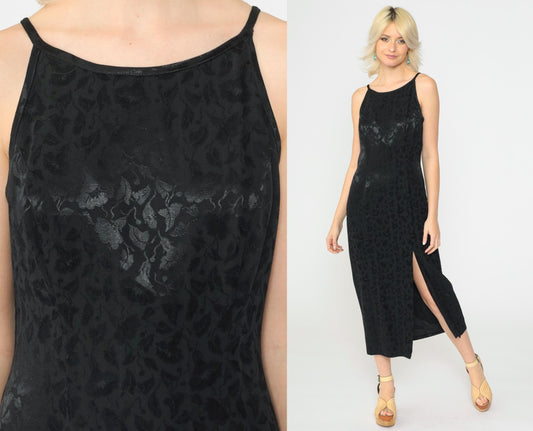 90s Black Jacquard Floral Midi Dress Spaghetti Strap Side Slit Sheath Medium 8