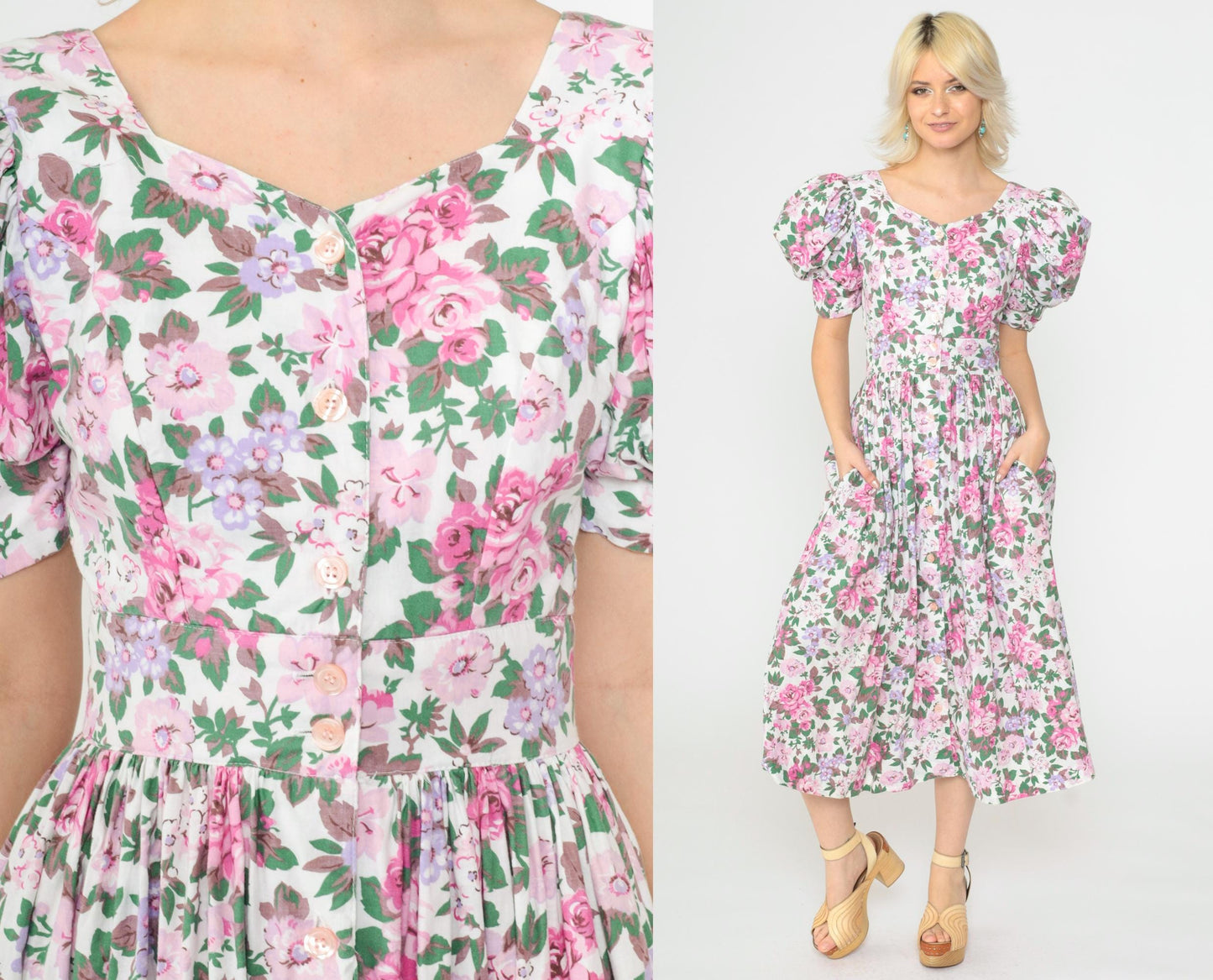 80s Act I Floral Puff Sleeve Midi Dress Criss-Cross Keyhole Back White Pink Extra Small