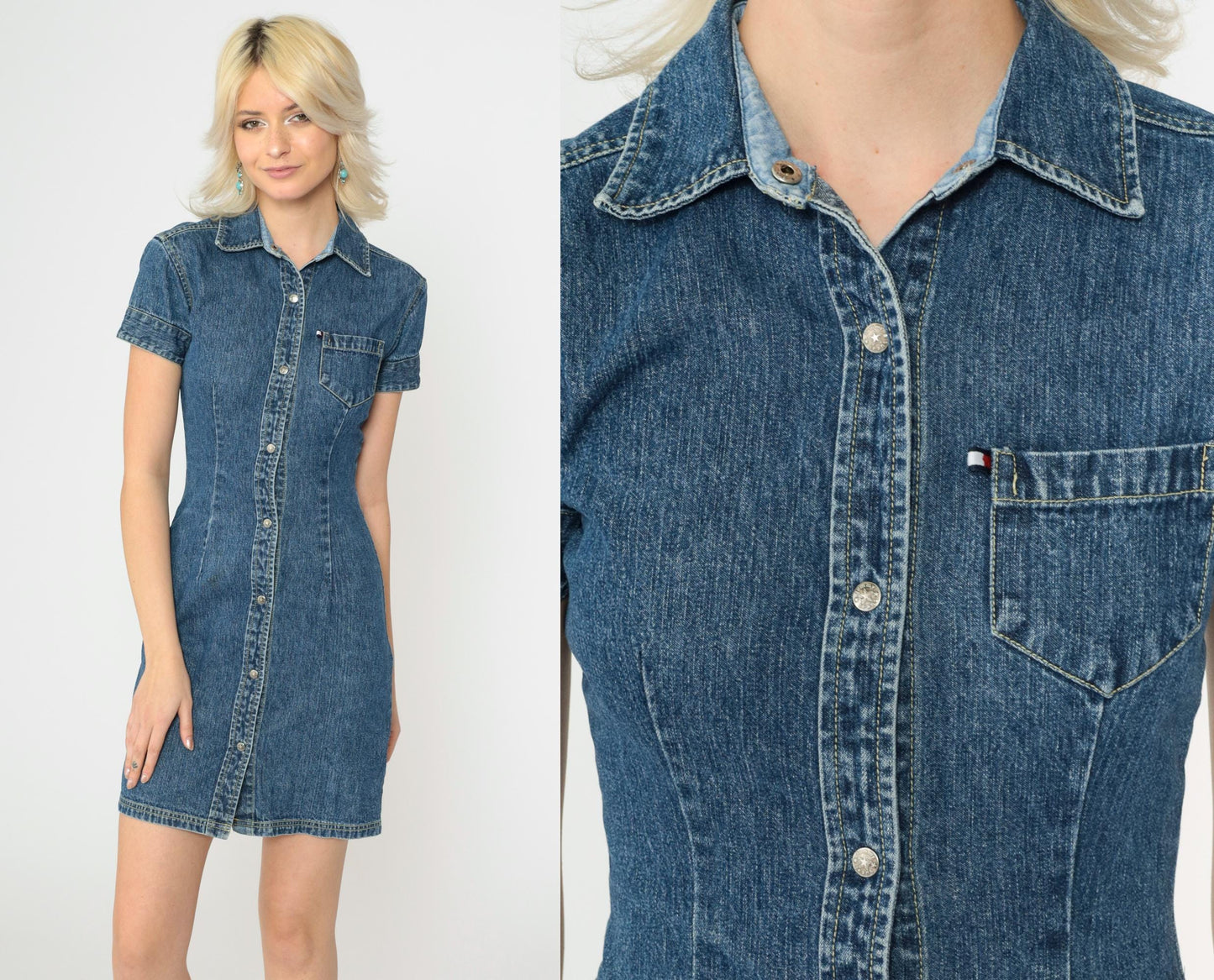 90s Tommy Hilfiger Blue Denim Mini Dress Button-Up Short Sleeve Extra Small