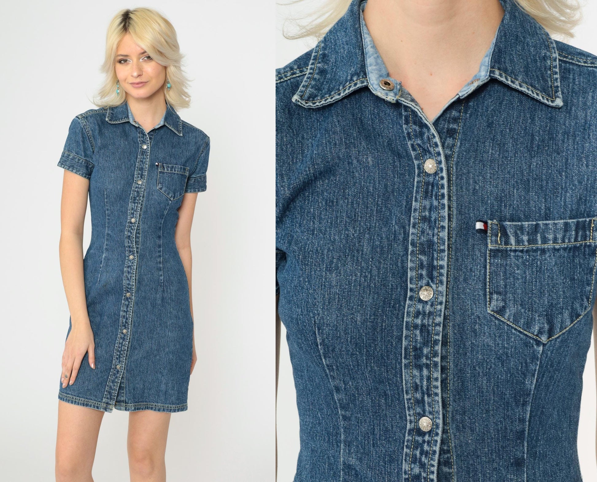 90s Tommy Hilfiger Blue Denim Mini Dress Button-Up Short Sleeve Extra Small