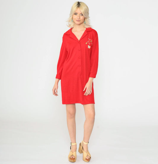 70s Red Shift Dress Embroidered Money Tree Pocket Gold Coin Rhinestone 3/4 Sleeve Mini Small