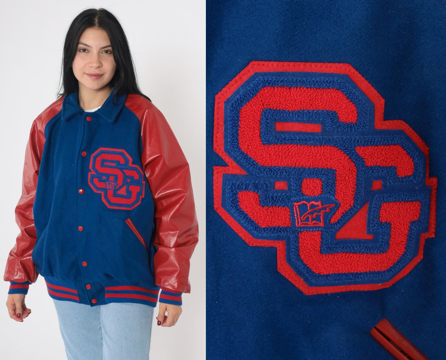 90s Varsity Jacket Blue Red Wool Melton Leather Sleeves SG Patch Men's Large L