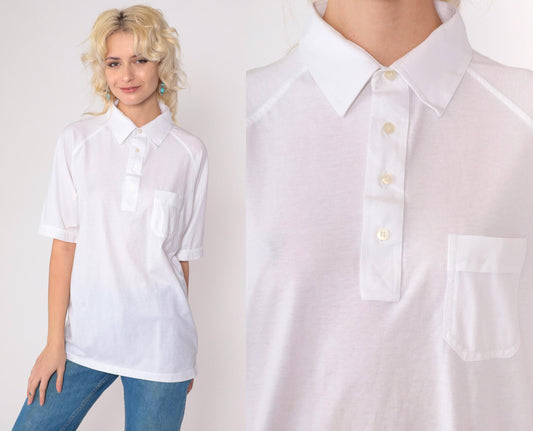 80s Tournament White Polo Shirt Raglan Sleeve Collared Large