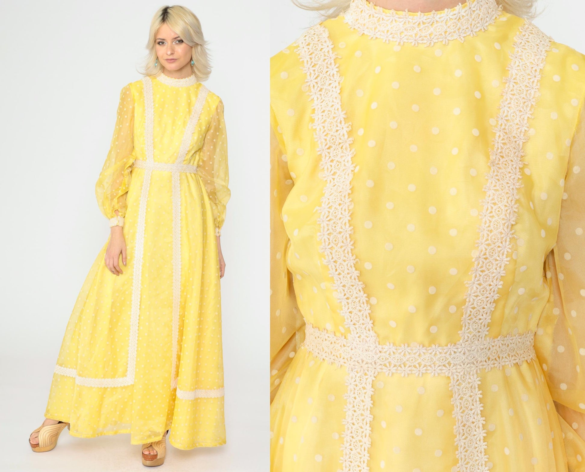 70s Yellow Polka Dot Organza Maxi Dress Balloon Sleeve Lace Trim Extra Small