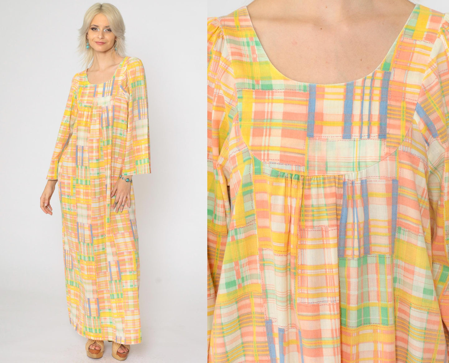 70s Patchwork Plaid Caftan Maxi Dress Wide Sleeve Yellow Peach Small
