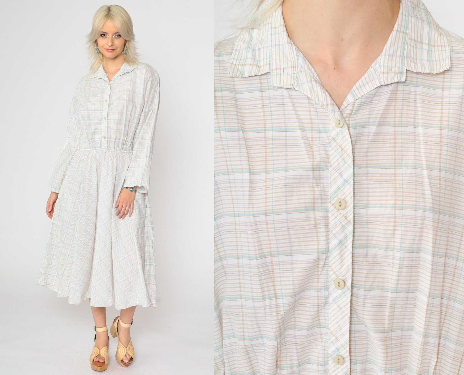 80s American Shirt Dress Plaid Midi Button-Up White Tan Aqua Cotton Medium Large