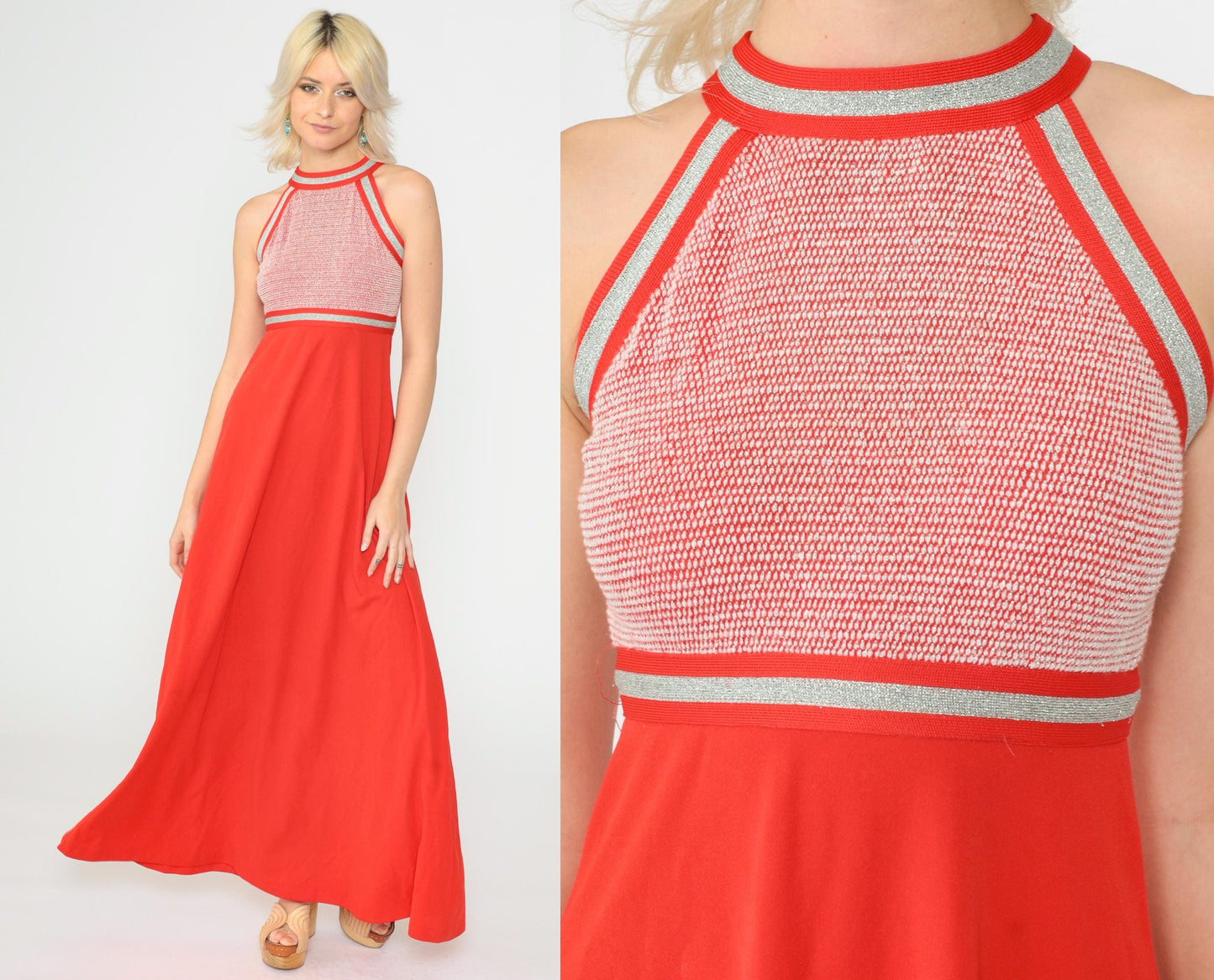 70s Red Metallic Halter Maxi Dress Empire Waist Racerback Extra Small