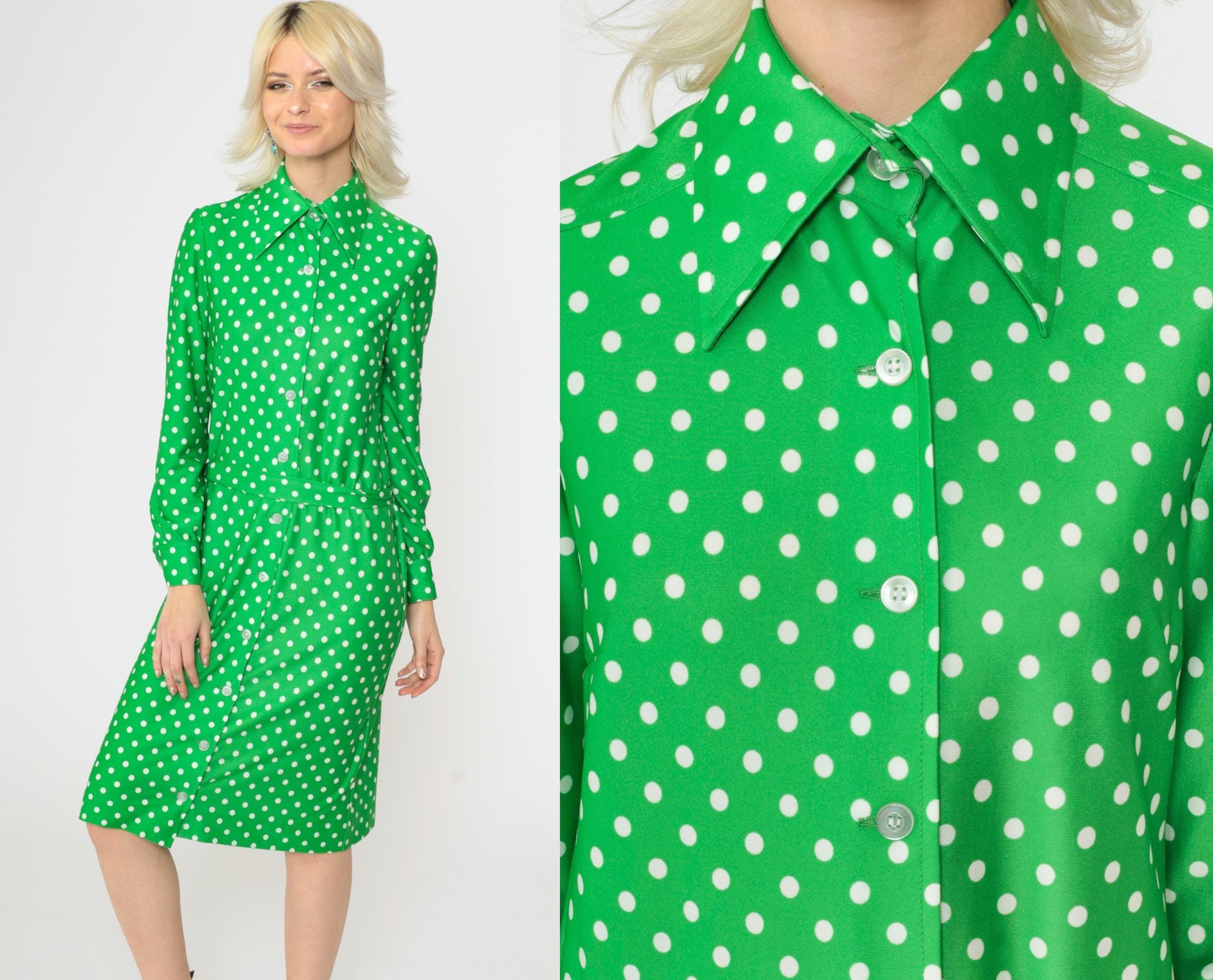 70s Green Polka Dot Shirtdress Midi Button-Up Dagger Collar Small S