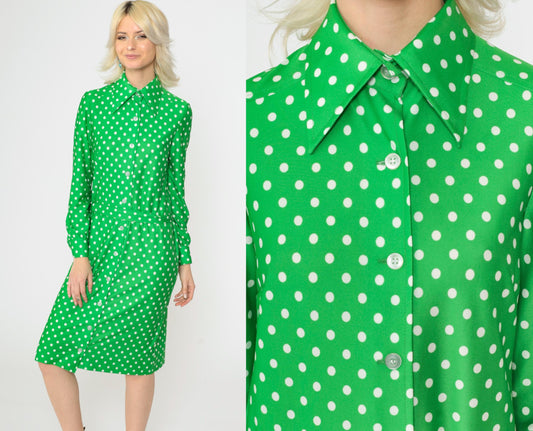 70s Green Polka Dot Shirtdress Midi Button-Up Dagger Collar Small S