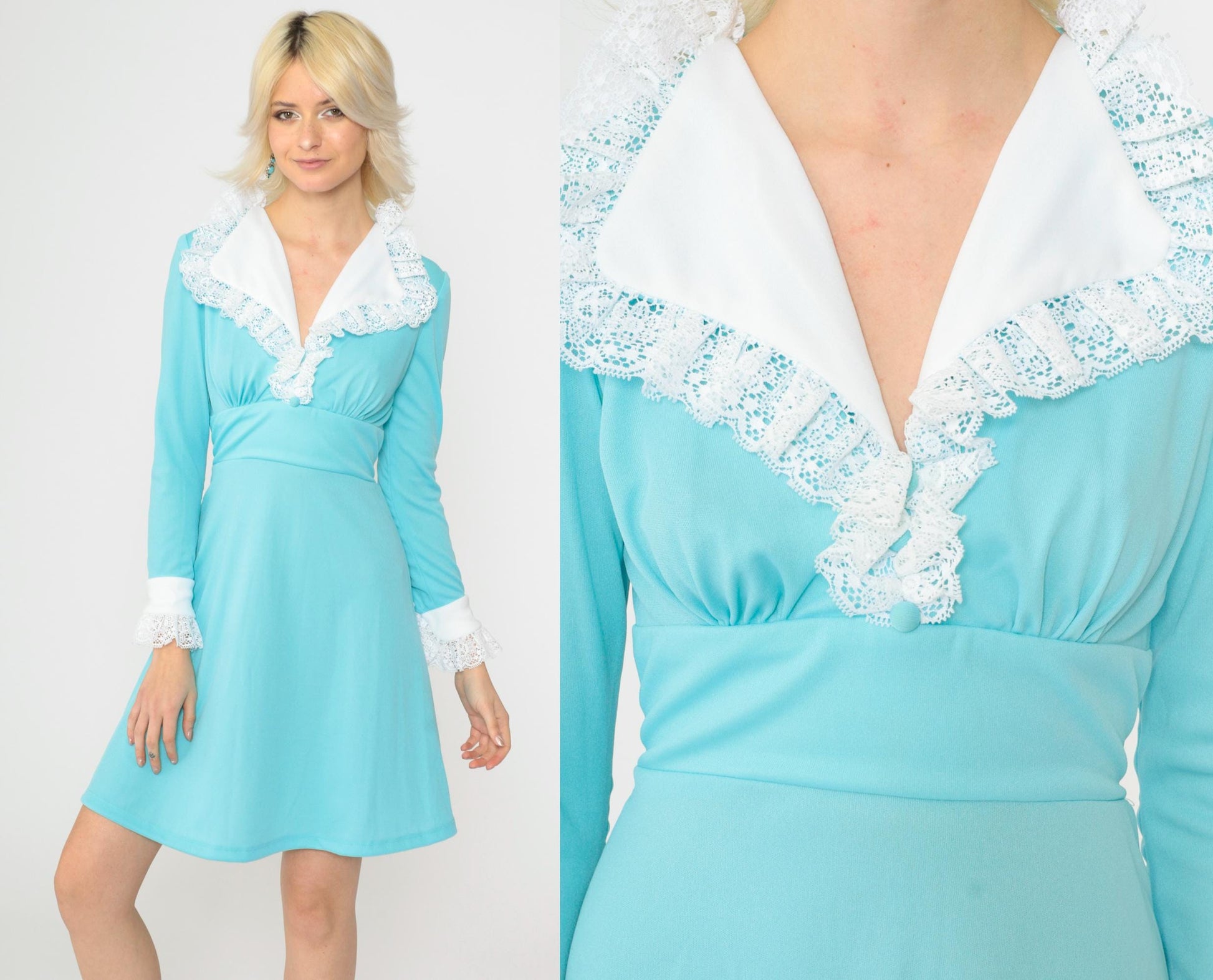 70s Blue Babydoll Dress White Collar Lace Trim Empire Waist Mini Small