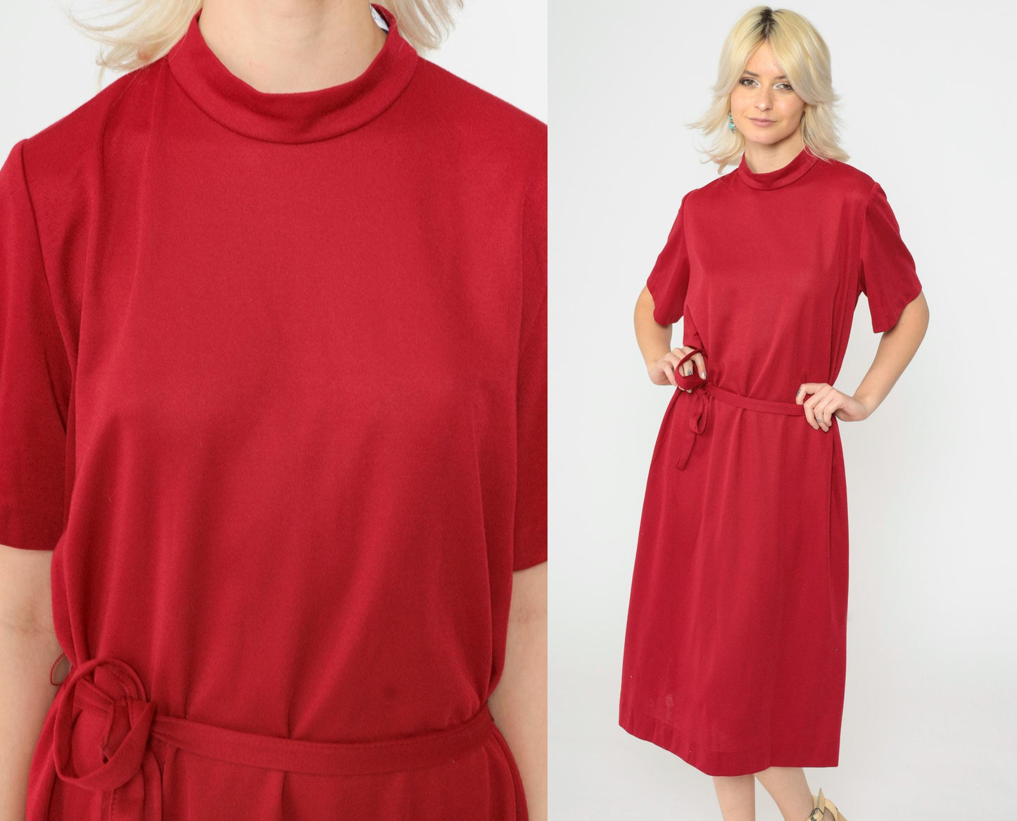 70s Dark Red Shift Dress Mock Neck Midi Short Sleeve Belted Medium