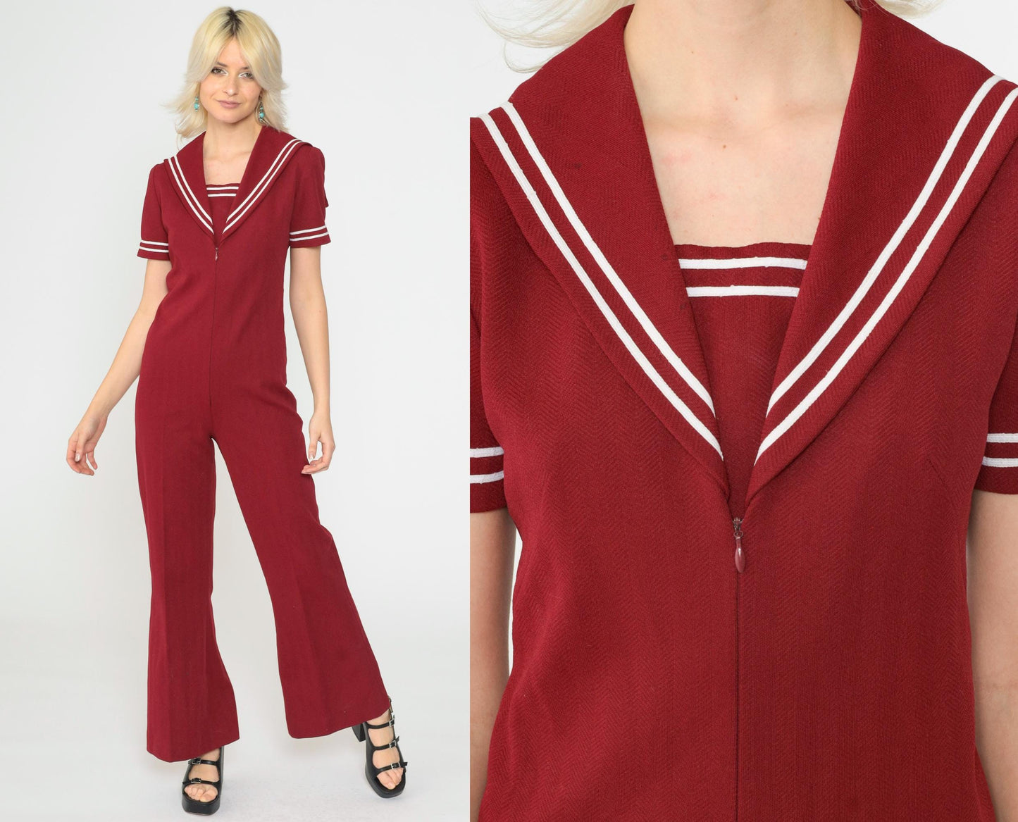 70s Sailor Collar Jumpsuit Burgundy Bell Bottom Zip Front Small