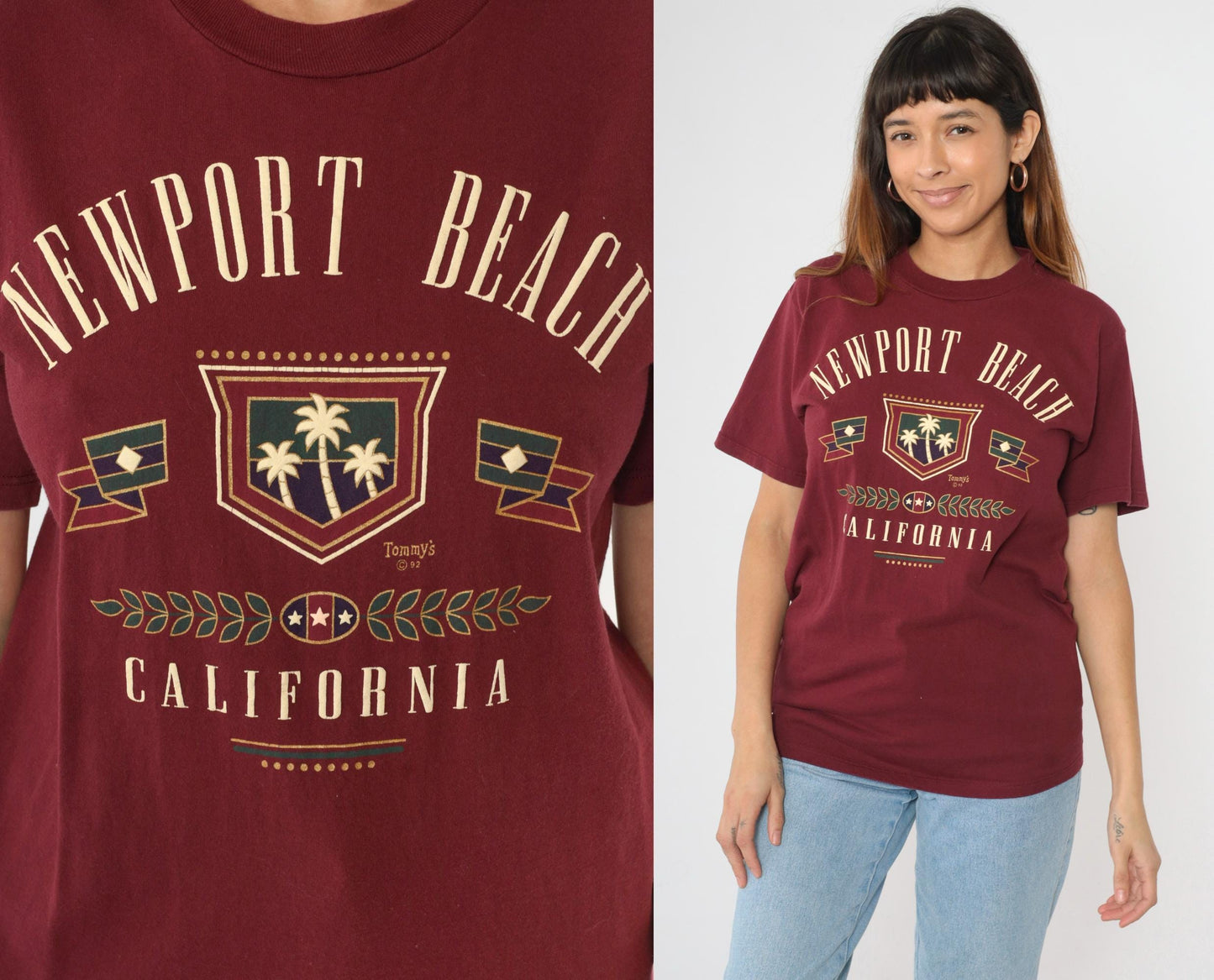 90s Newport Beach California Graphic Tee Burgundy Cotton Medium