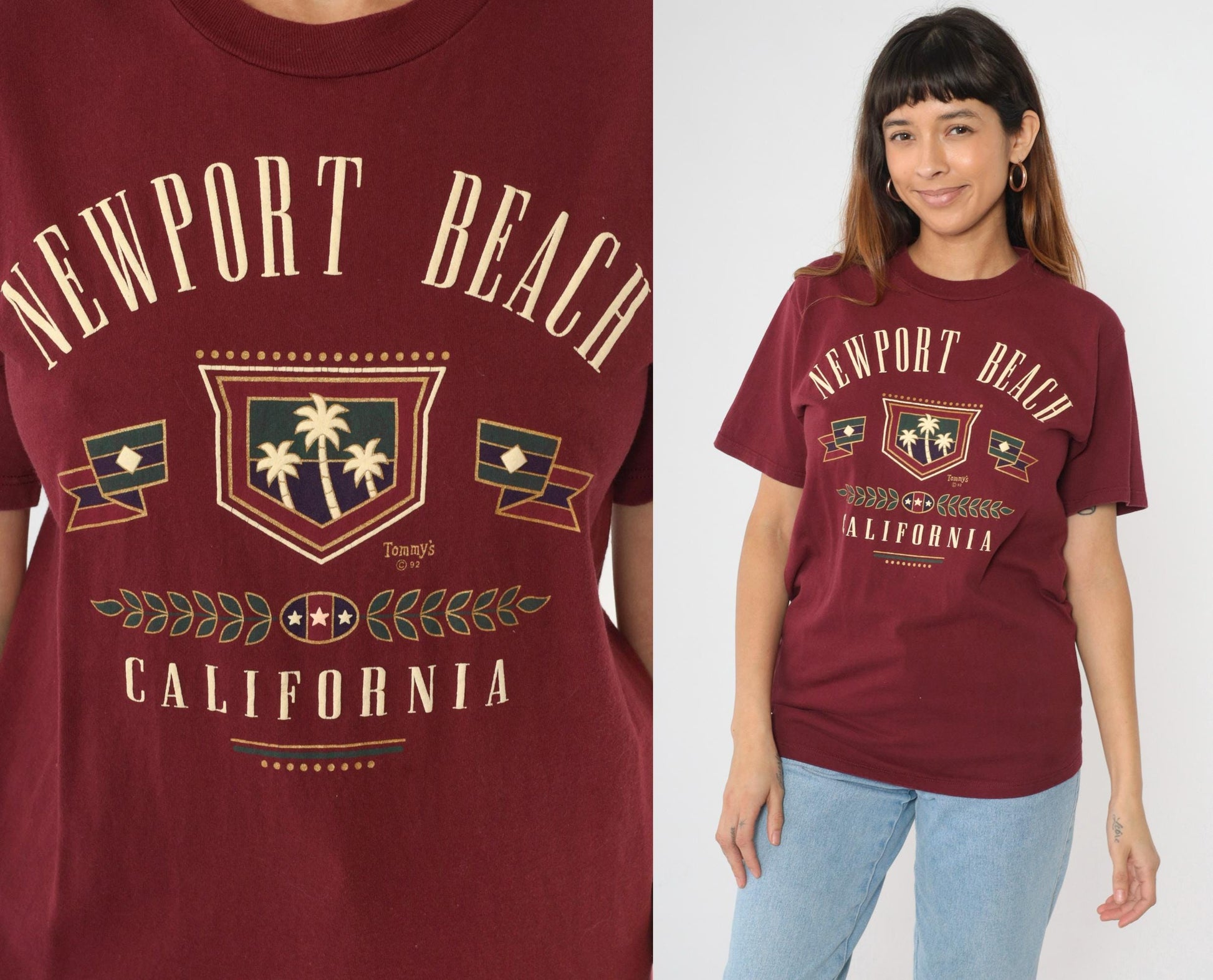 90s Newport Beach California Graphic Tee Burgundy Cotton Medium