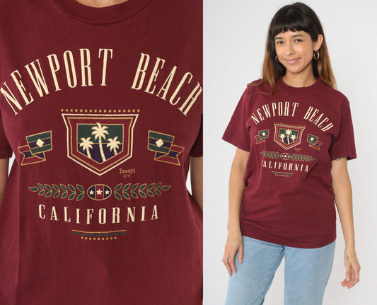 90s Newport Beach California Graphic Tee Burgundy Cotton Medium