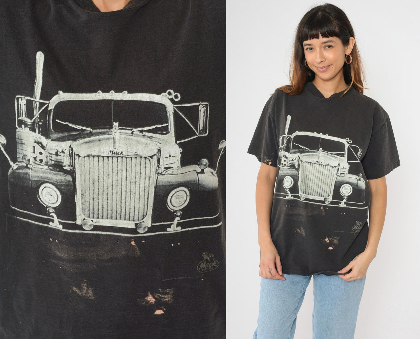 90s Mack Truck Graphic T-Shirt Distressed Black Cotton Tee Extra Large XL