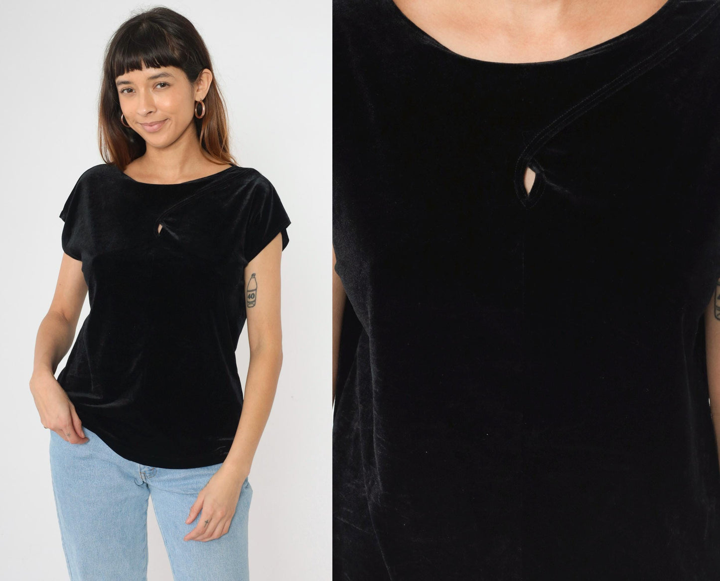 Y2K Black Velvet Keyhole Cutout Blouse Short Sleeve Chico's Top Extra Small