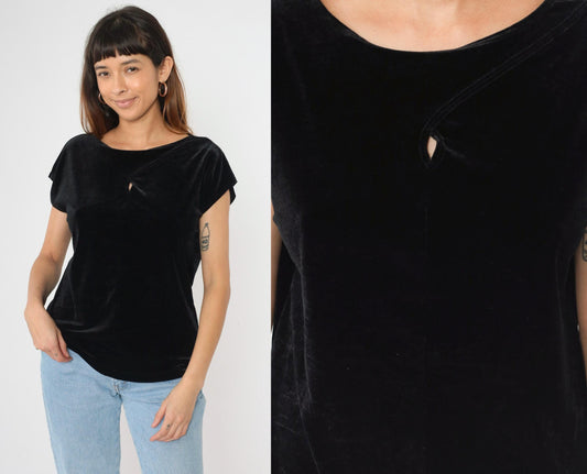 Y2K Black Velvet Keyhole Cutout Blouse Short Sleeve Chico's Top Extra Small