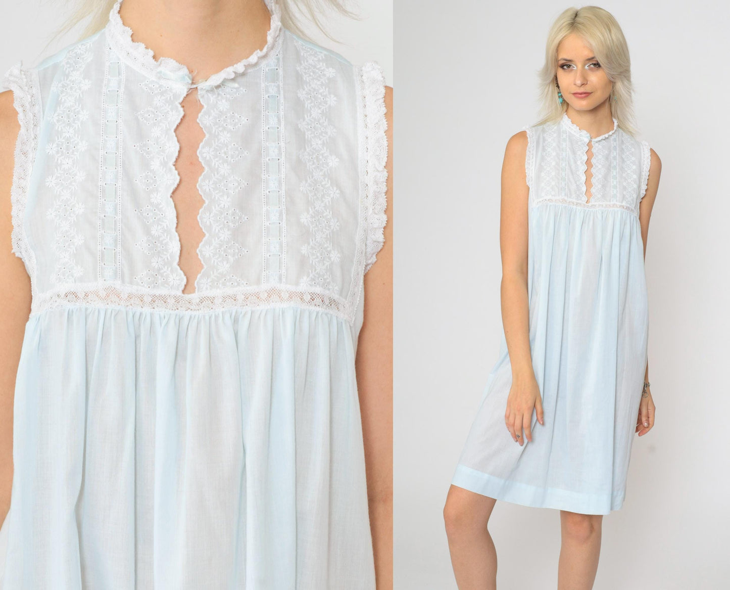 80s Christian Dior Baby Blue Floral Embroidered Nightgown Mini Sleeveless Small