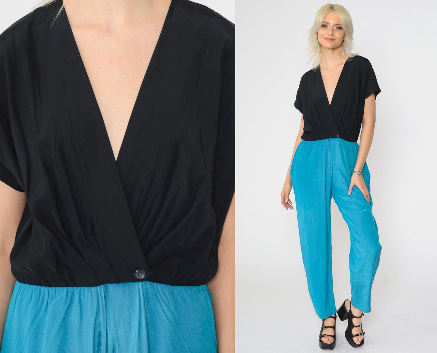 80s Colour Block Jumpsuit Black Blue Wrap V-Neck Tapered Small S