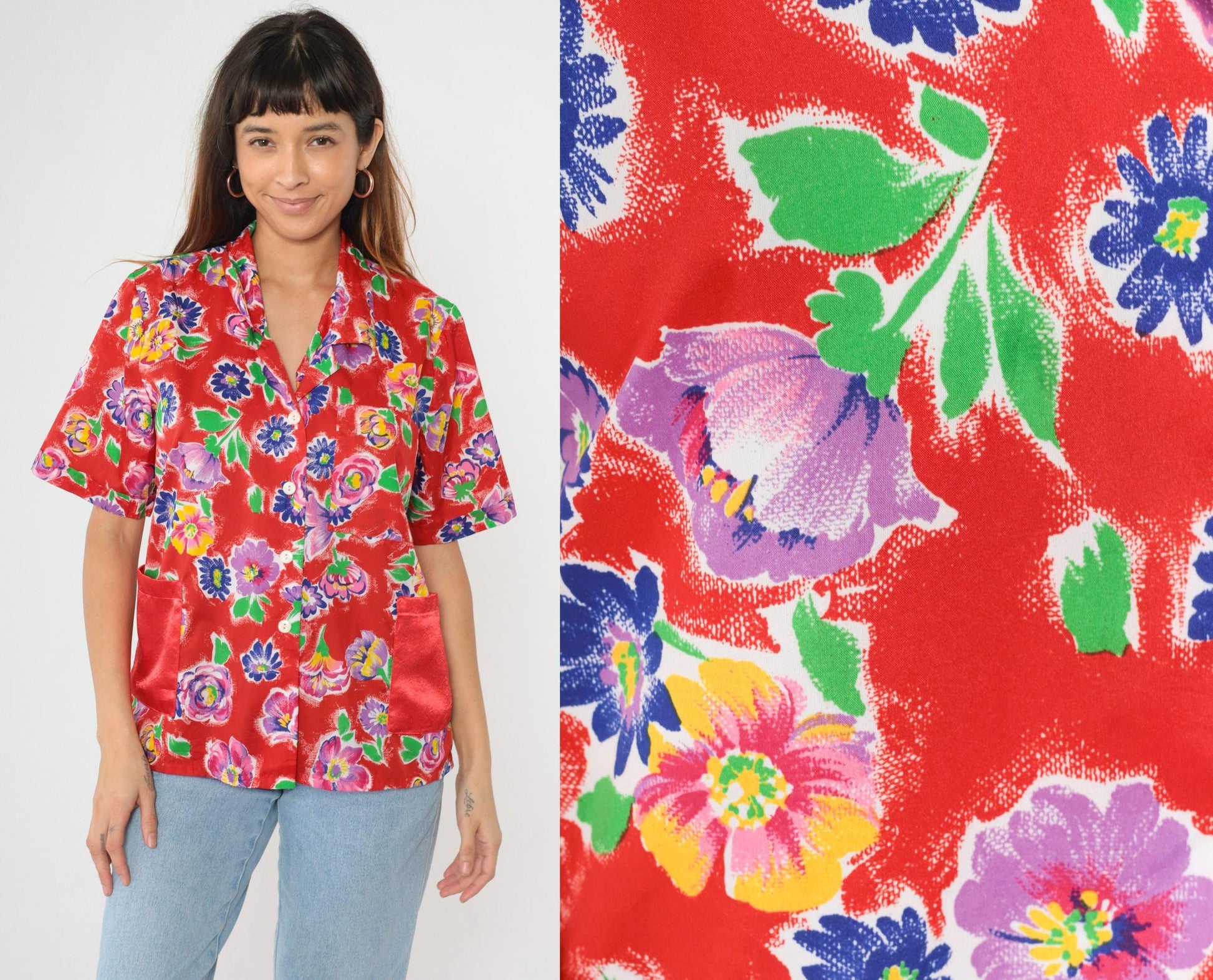 90s Red Floral Button-Up Blouse Satin Pockets Short Sleeve Medium