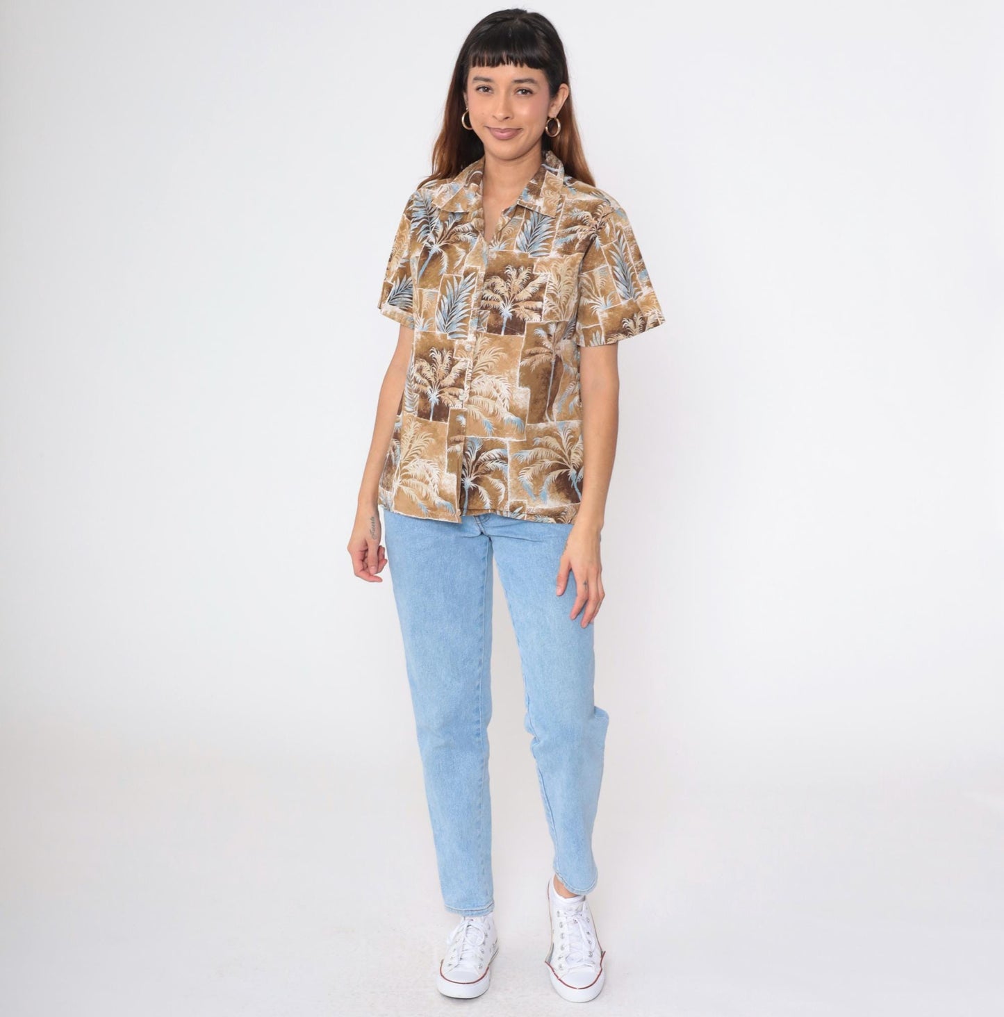 90s Hawaiian Shirt Brown Palm Tree Print Cotton Button Up Medium