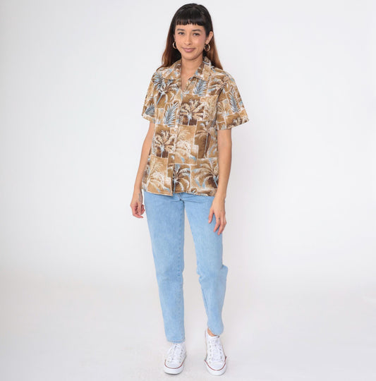 90s Hawaiian Shirt Brown Palm Tree Print Cotton Button Up Medium