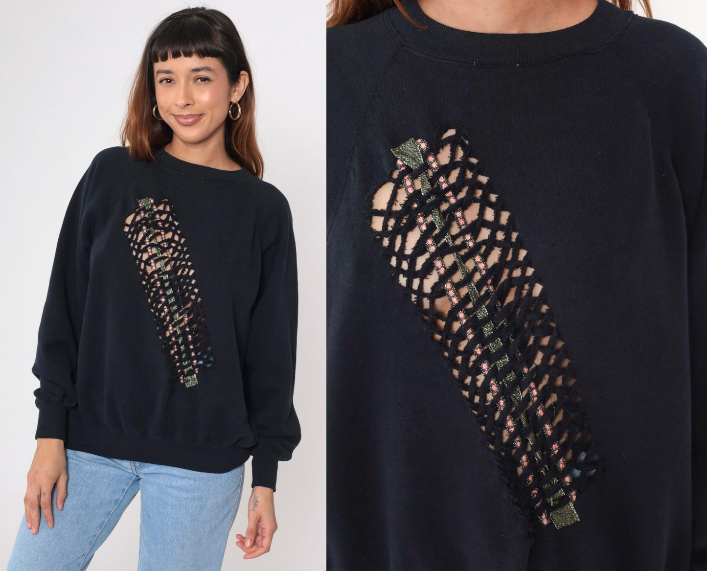 90s Black Sweatshirt Cutout Metallic Trim Raglan Crewneck Large
