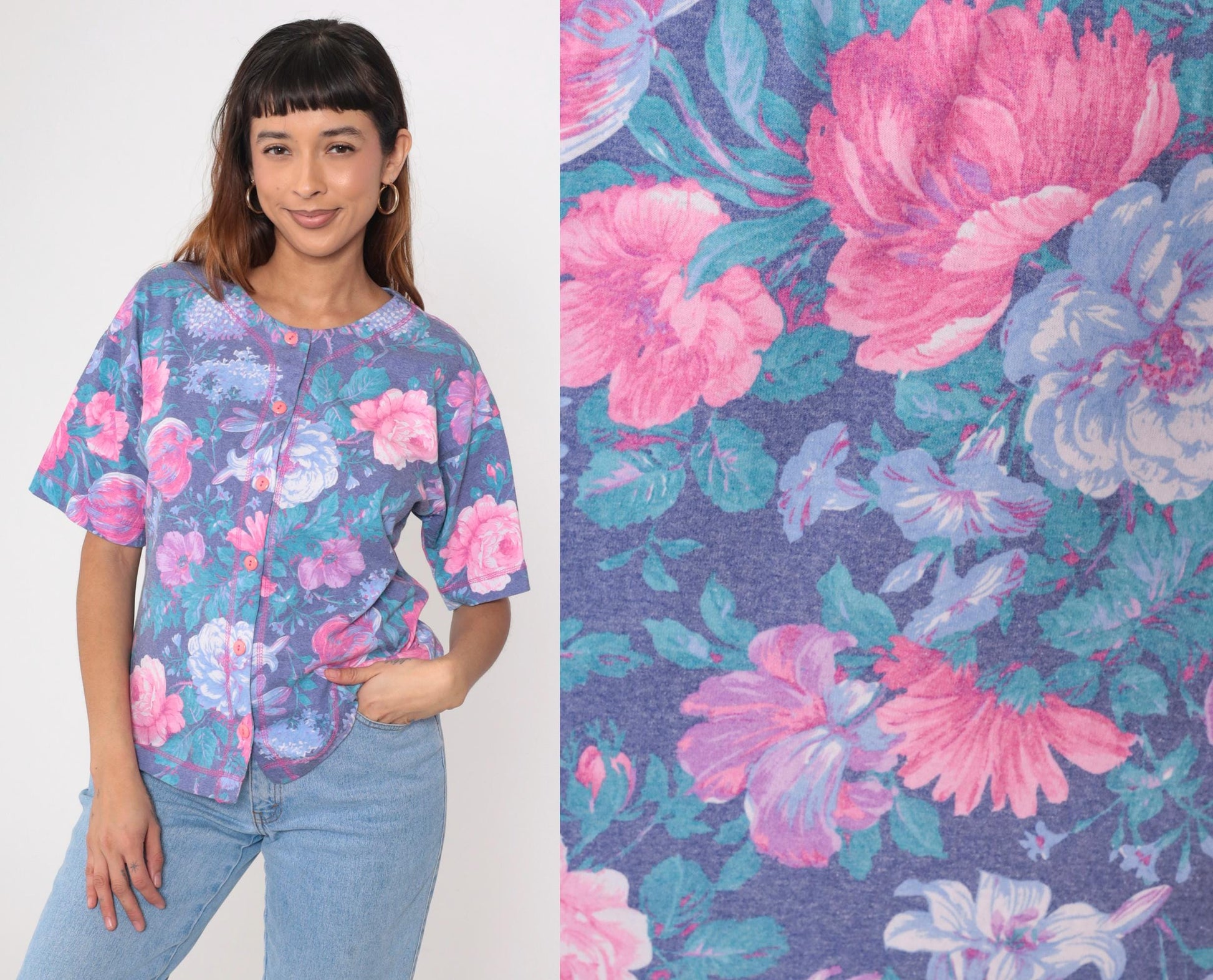 90s Floral Button-Up Blouse Purple Pink Flower Print Short Sleeve Medium