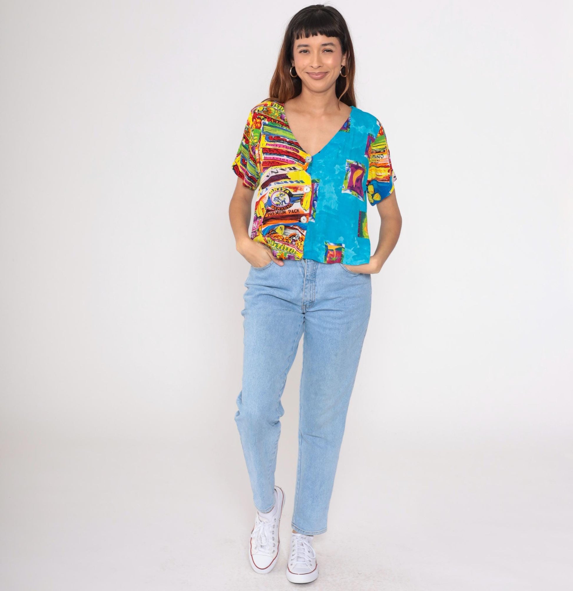 90s Key Lime Pie Tropical Fruit Guitar Print Rayon Button-Up Blouse Medium
