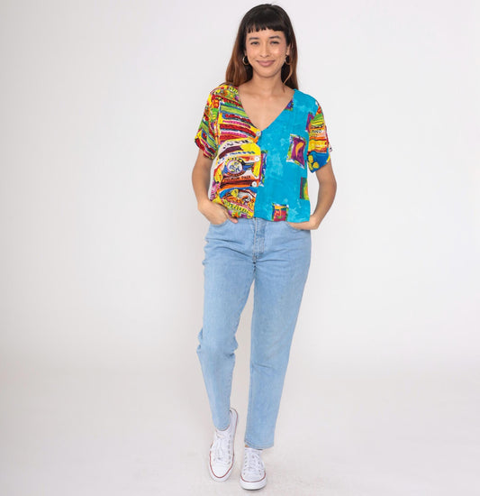 90s Key Lime Pie Tropical Fruit Guitar Print Rayon Button-Up Blouse Medium