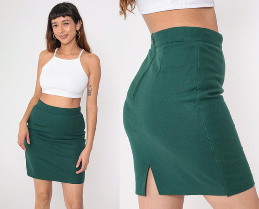 90s United Colors of Benetton Forest Green Wool Mini Pencil Skirt Small