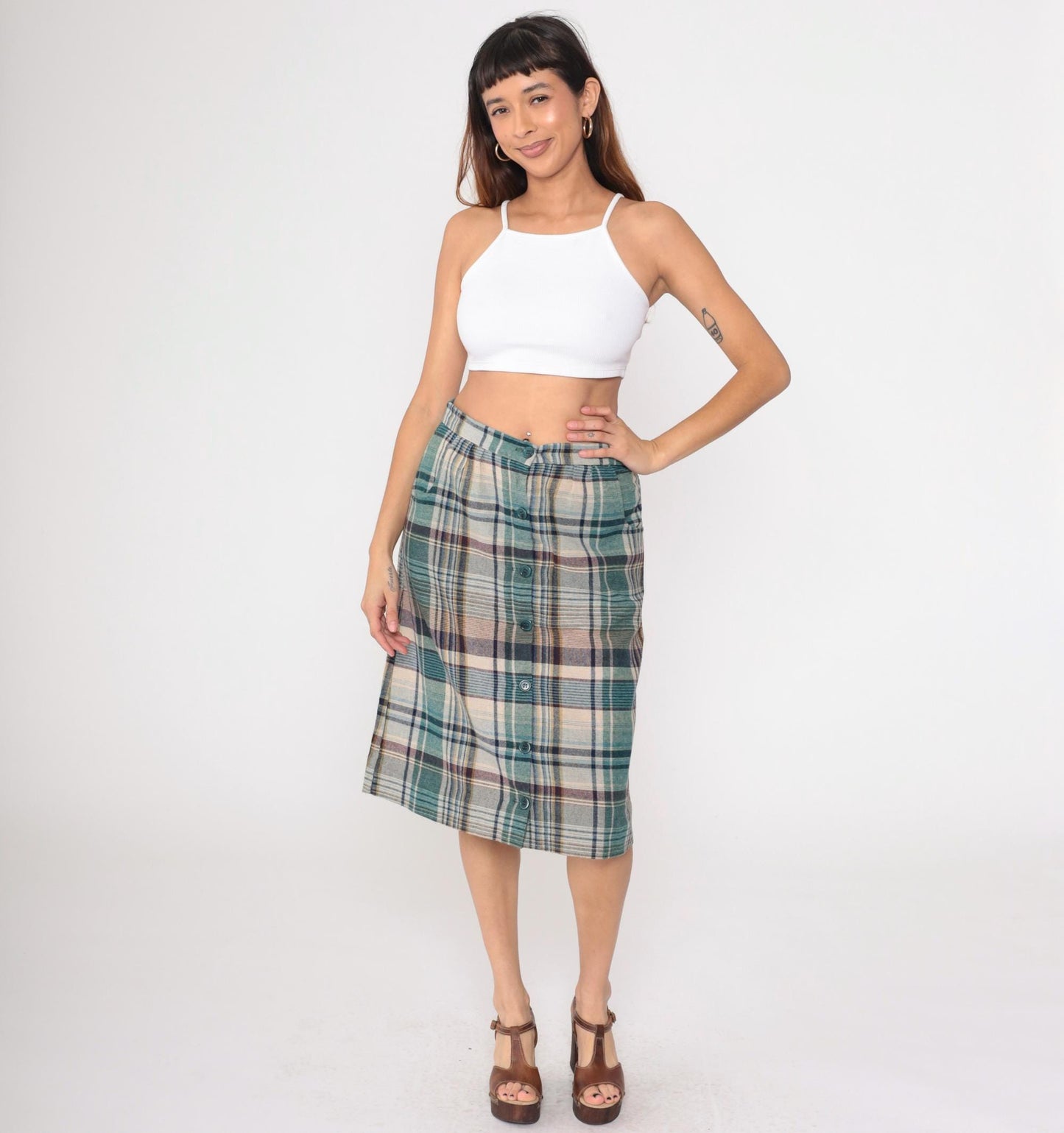 70s Hunter Sportswear Plaid Midi Skirt High Waist A-Line Button Front Teal Beige Medium